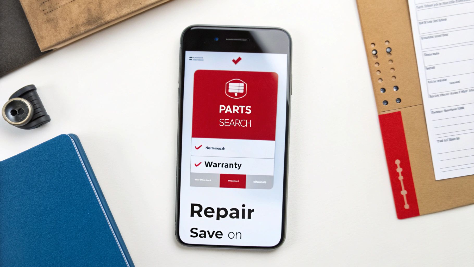 A smartphone displaying a 'Parts Search' and 'Warranty' app, surrounded by a notebook and office supplies on a white desk.