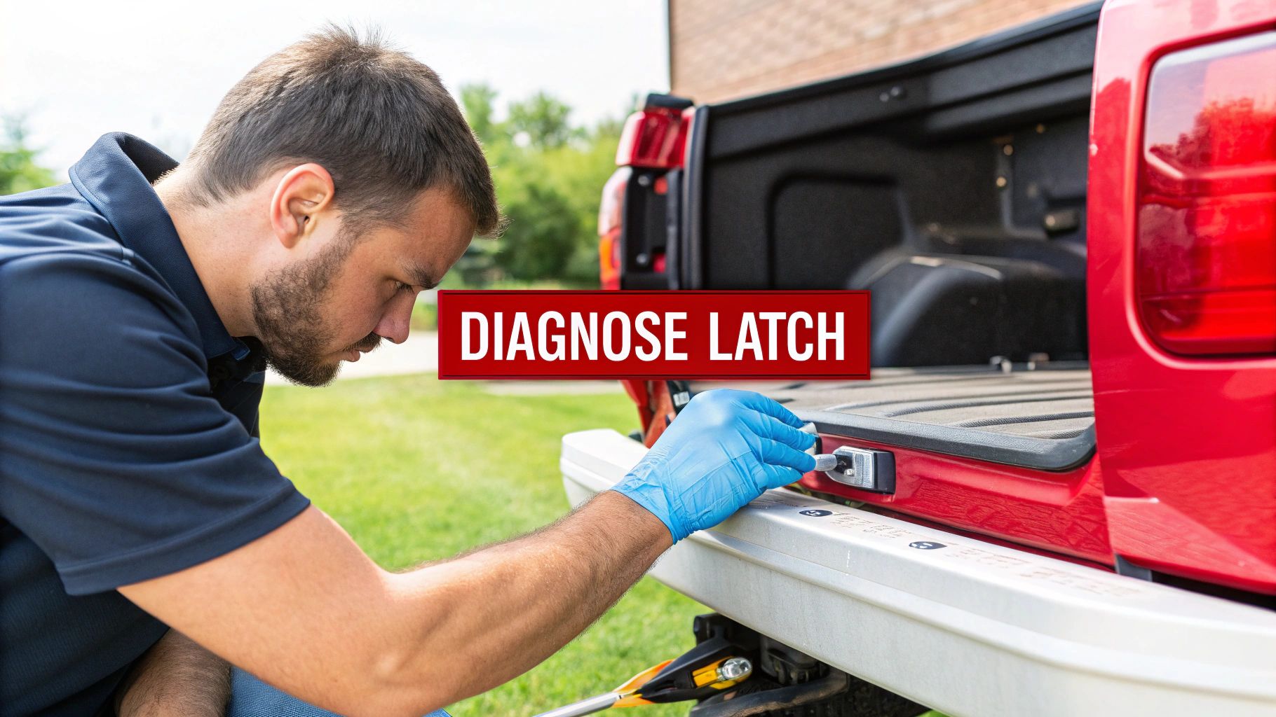 A person inspecting the latch mechanism inside a vehicle's tailgate.