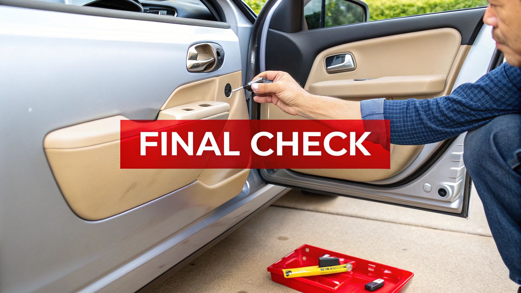 A person's hand uses a tool to perform a final check on a car's open door panel.