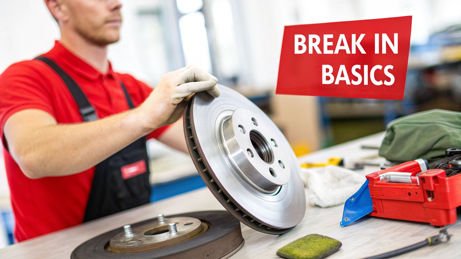 A mechanic examines a new brake disc next to an old one on a workbench, with a 'BREAK IN BASICS' banner.