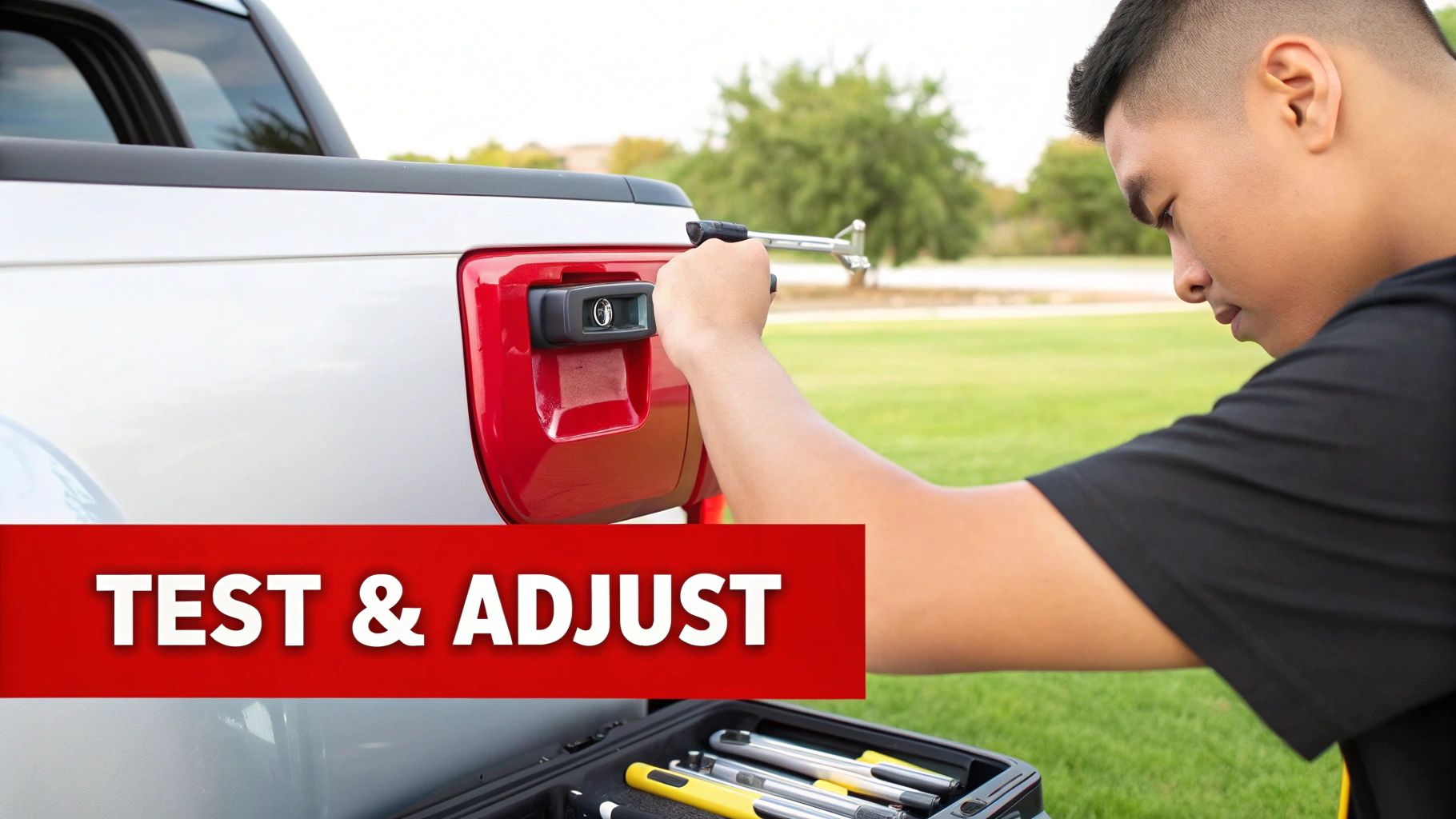 A person uses a tool to test and adjust a tailgate handle camera on a white truck.