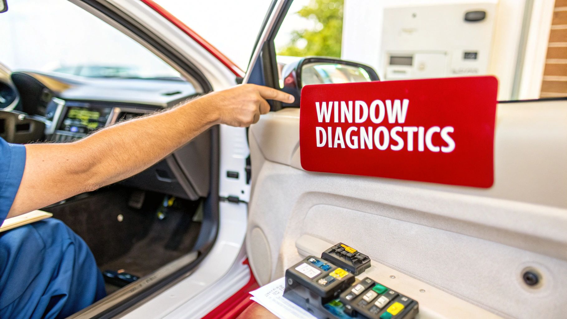 A person points to a 'Window Diagnostics' sign inside a car, with window switches on the door panel.