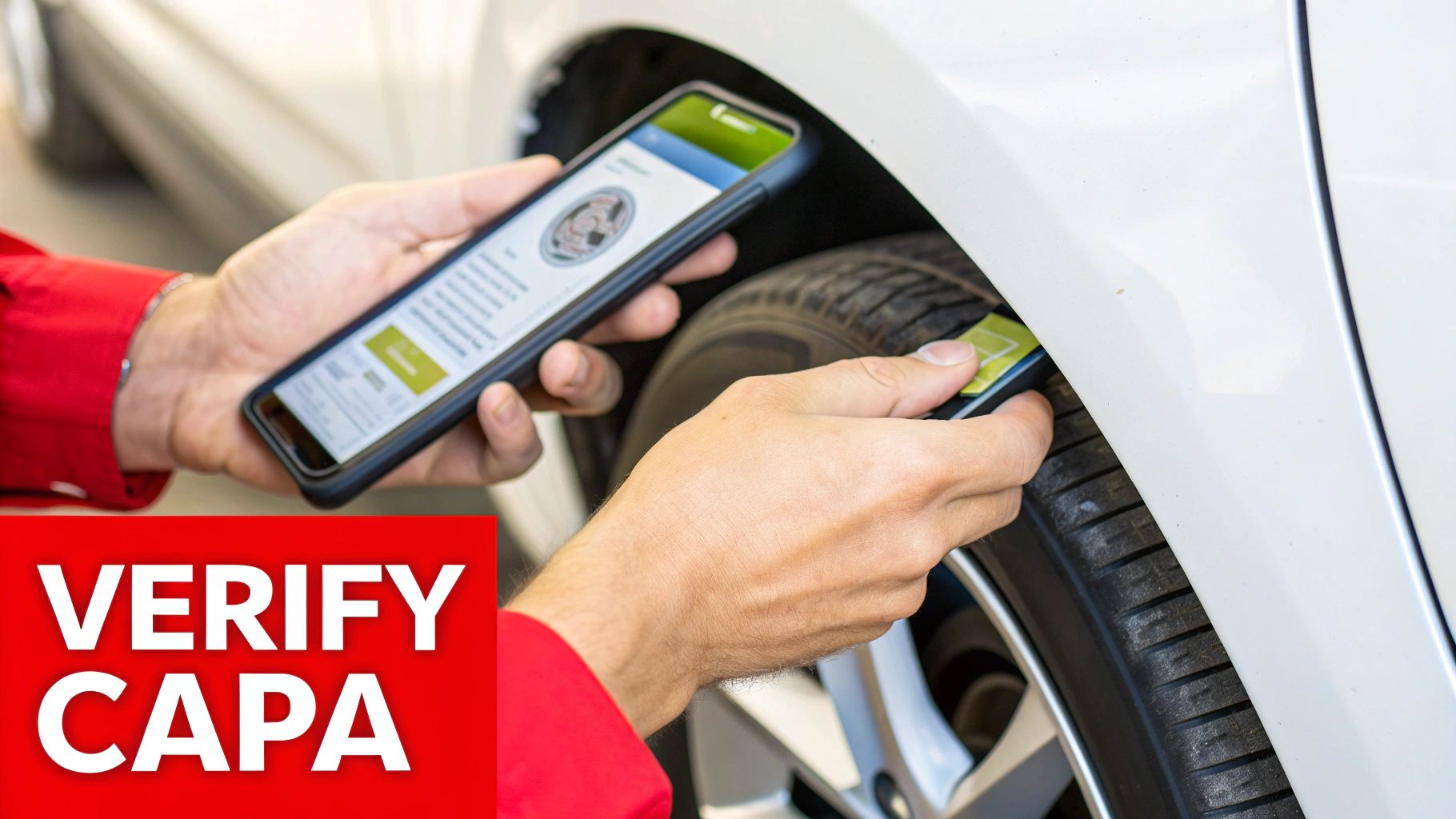 Automotive technician using mobile device to verify CAPA certified parts on vehicle tire