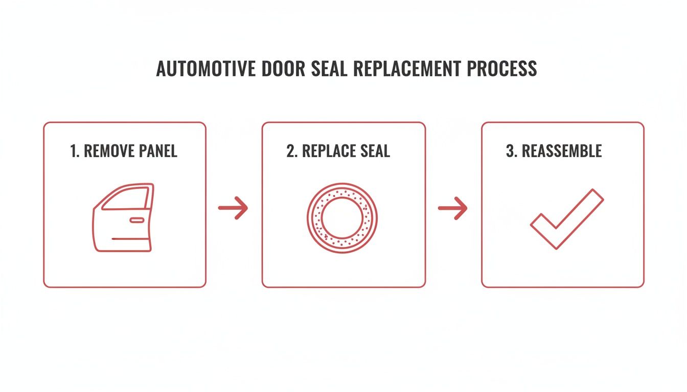 A diagram illustrating a three-step automotive door seal replacement process: remove panel, replace seal, and reassemble.