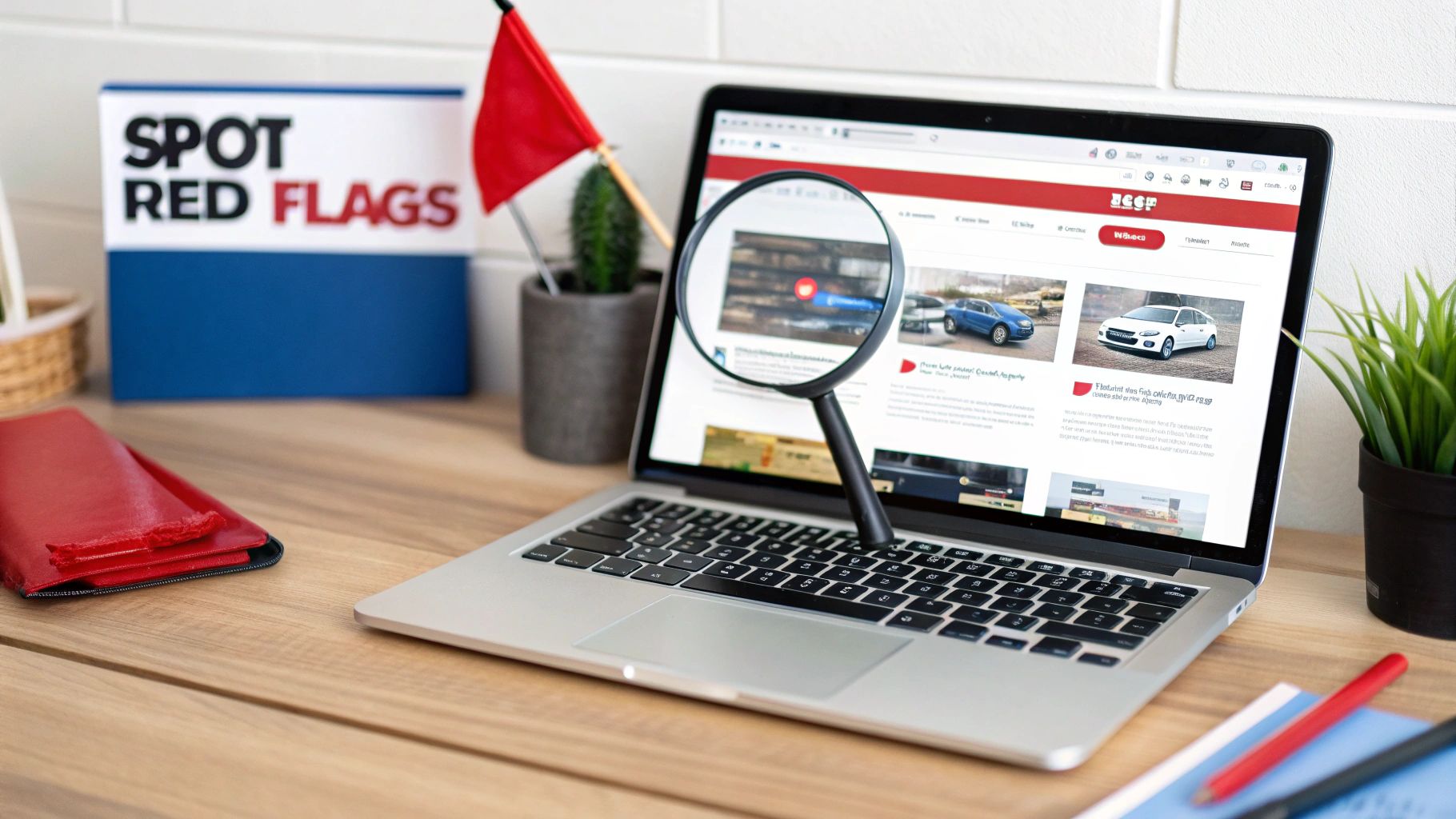 A laptop with a magnifying glass examining a car shopping website, next to a 'Spot Red Flags' sign.