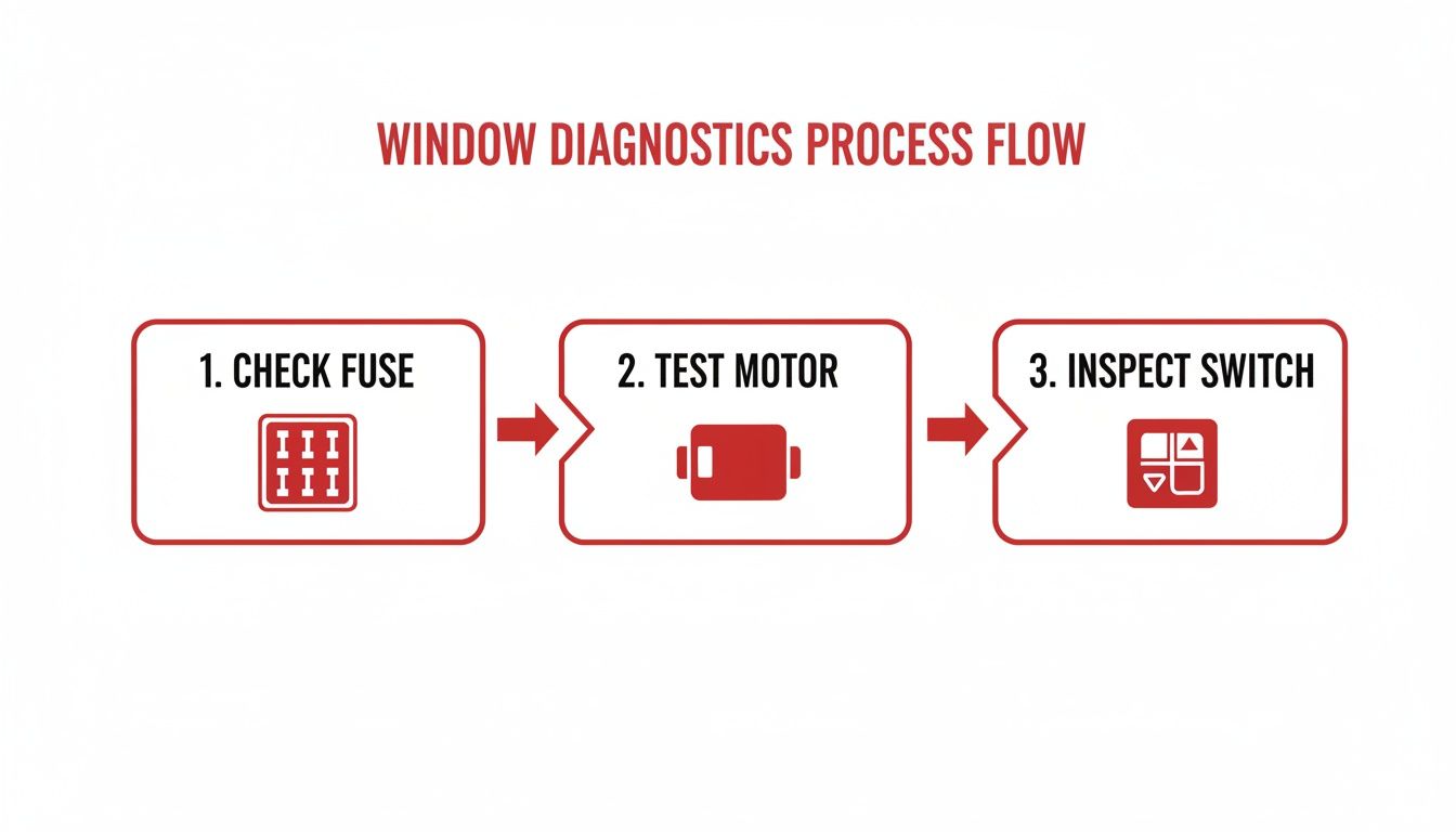 A red and white flowchart detailing the window diagnostics process flow: check fuse, test motor, inspect switch.