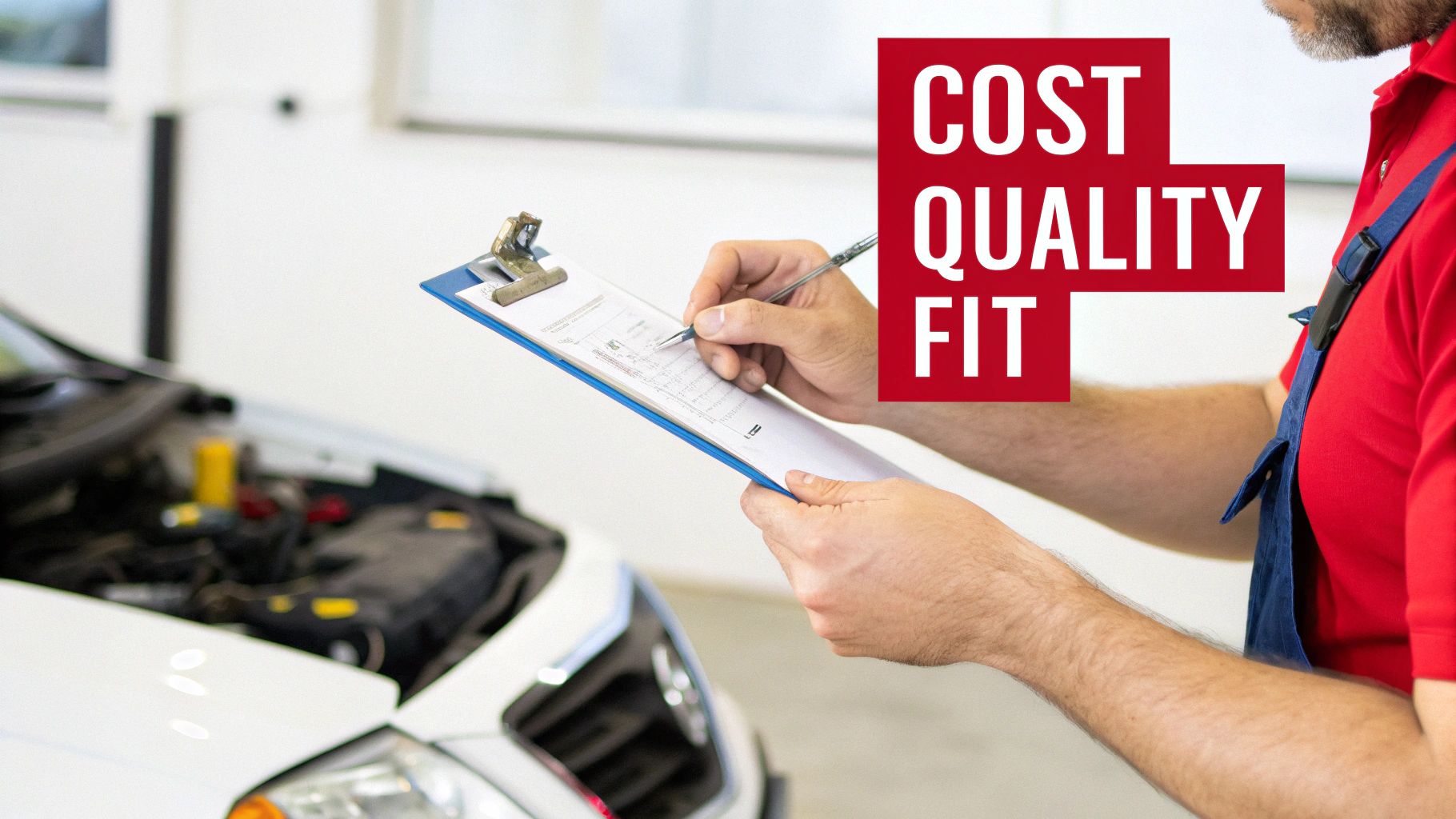 Technician evaluating cost quality fit on clipboard for automotive parts installation service