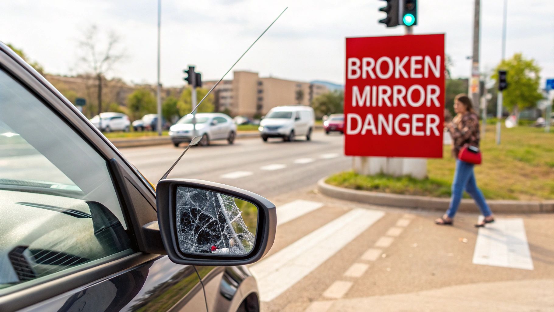 A close-up of a shattered car side mirror, reflecting a blurred background.