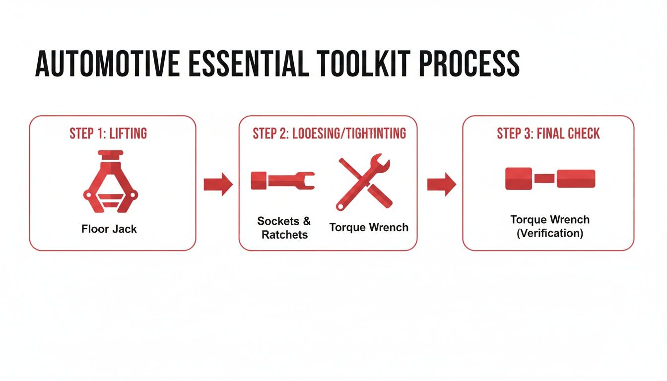 Diagram showing the automotive essential toolkit process, including lifting with a floor jack, loosening/tightening with sockets, ratchets, and a torque wrench, and a final torque check.