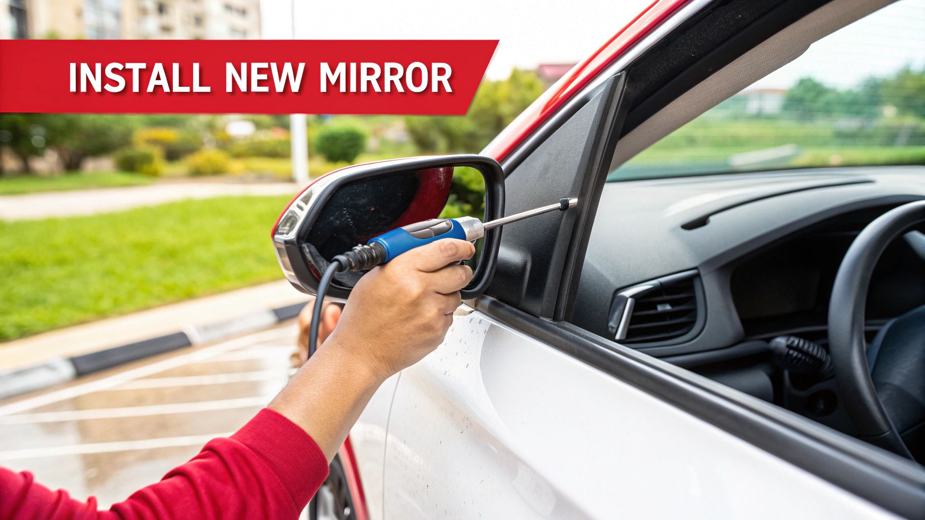 A new car side mirror assembly being fitted onto a car door.