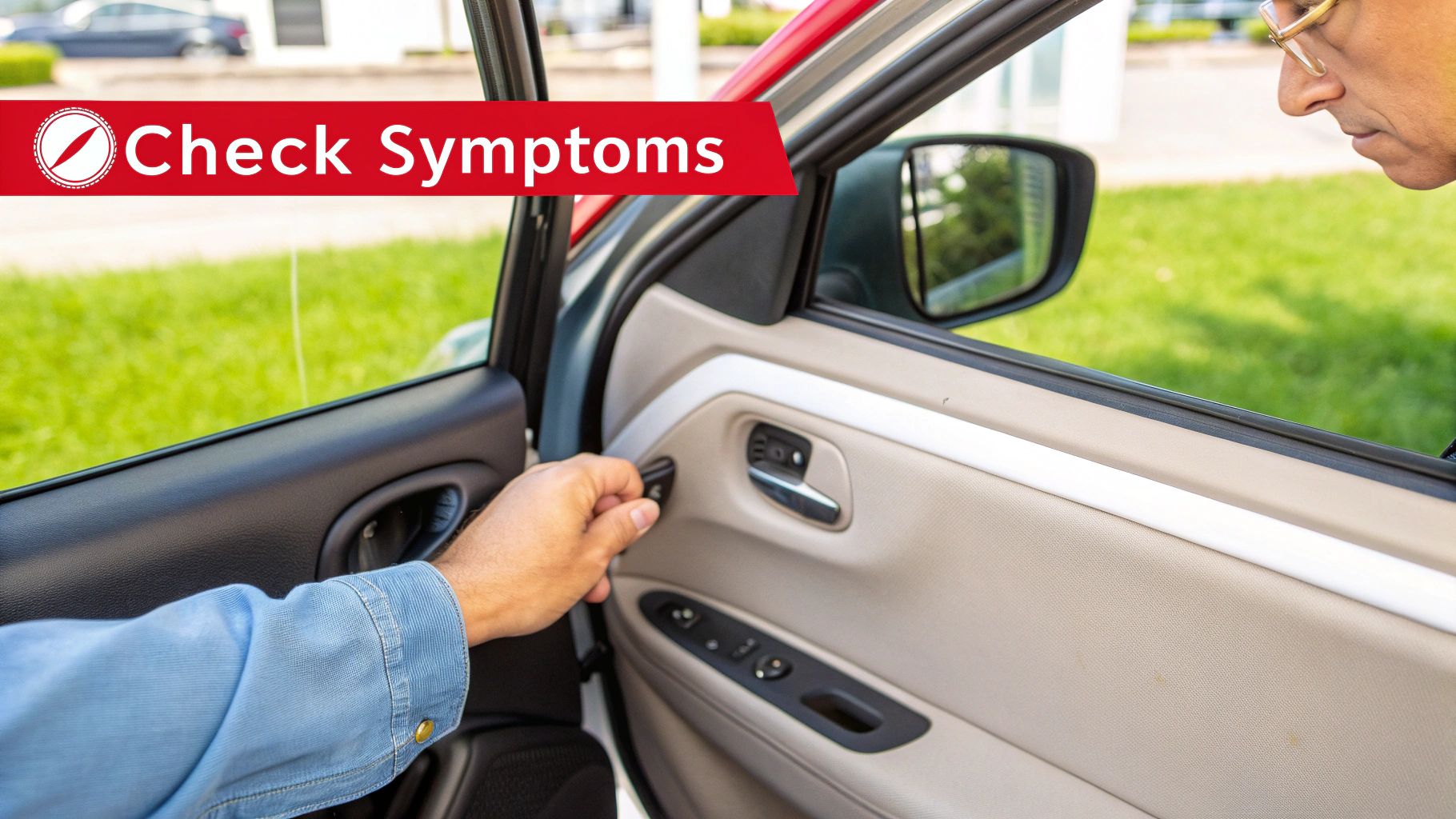 A person's hand adjusts the manual car window regulator from inside the vehicle.