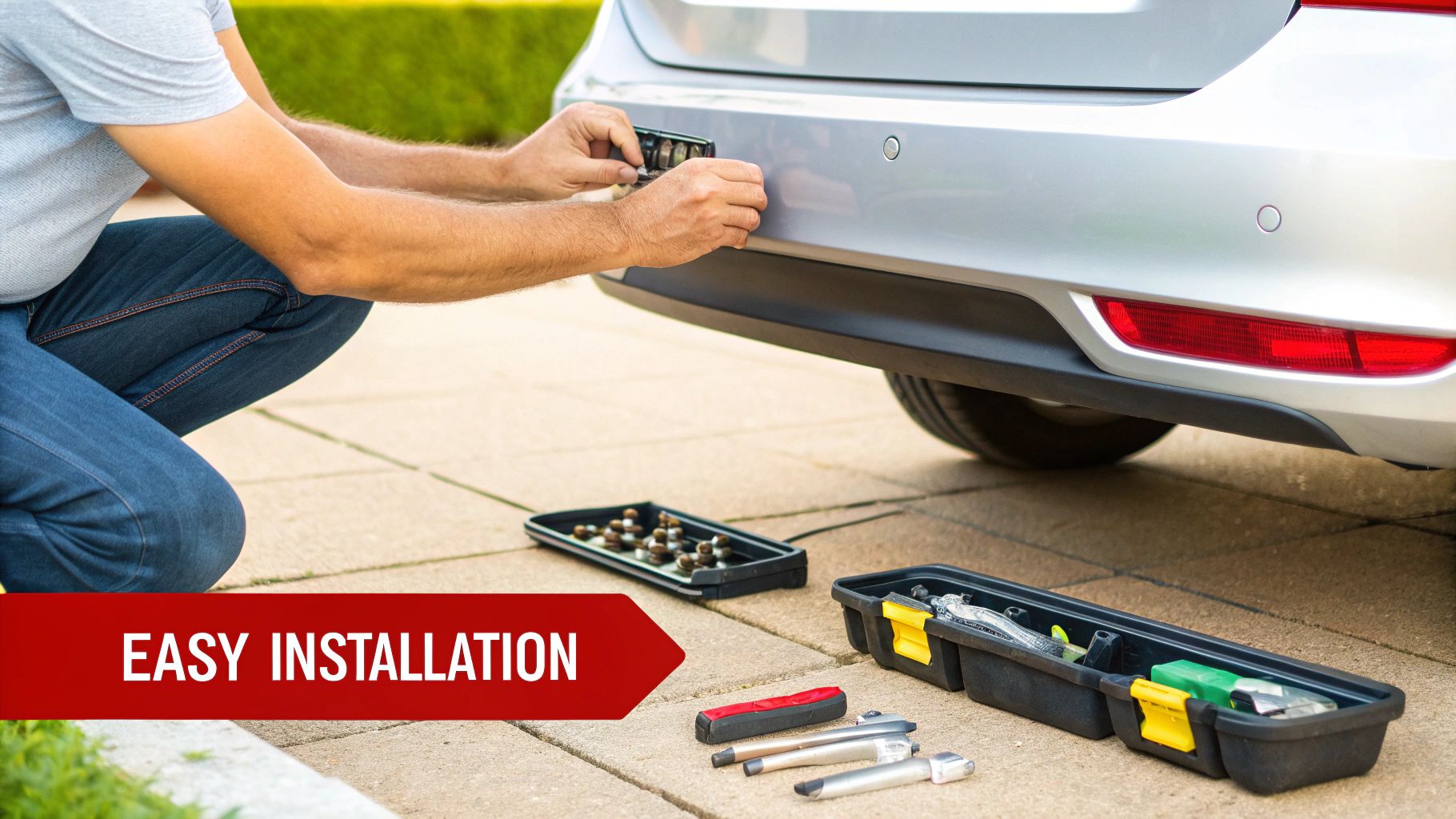 A technician's hands carefully installing an ultrasonic parking sensor into a car's bumper.