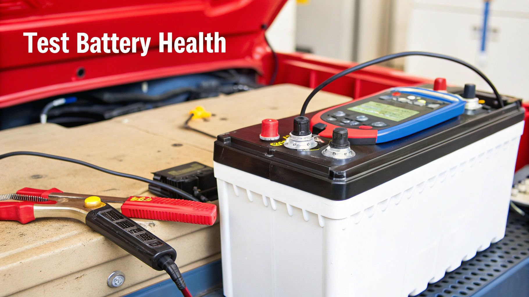 A car battery is connected to a battery tester, displaying results under an open red car hood.