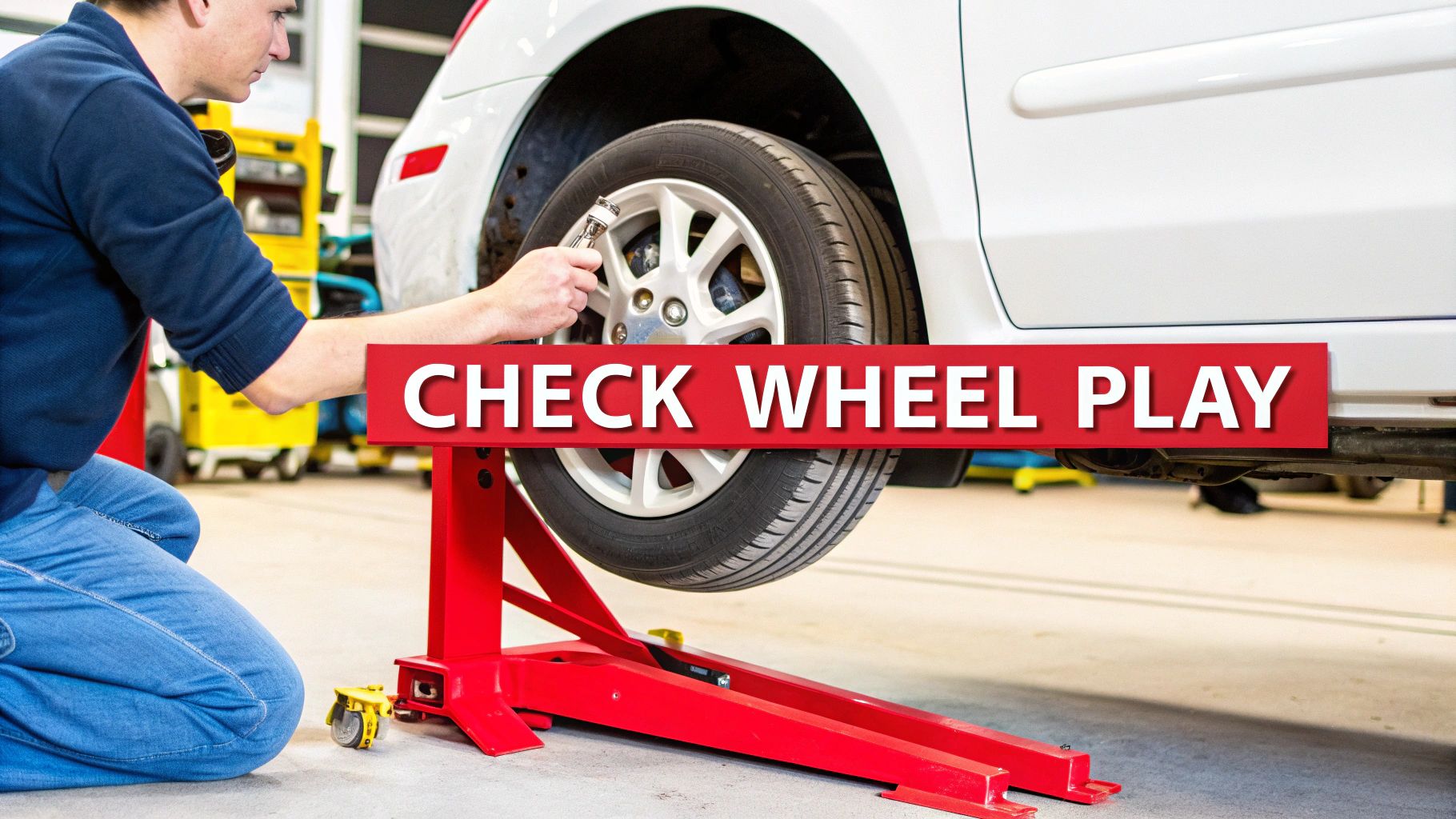 A mechanic checks the front wheel of a white car on a lift in a garage, with 'CHECK WHEEL PLAY' overlay.