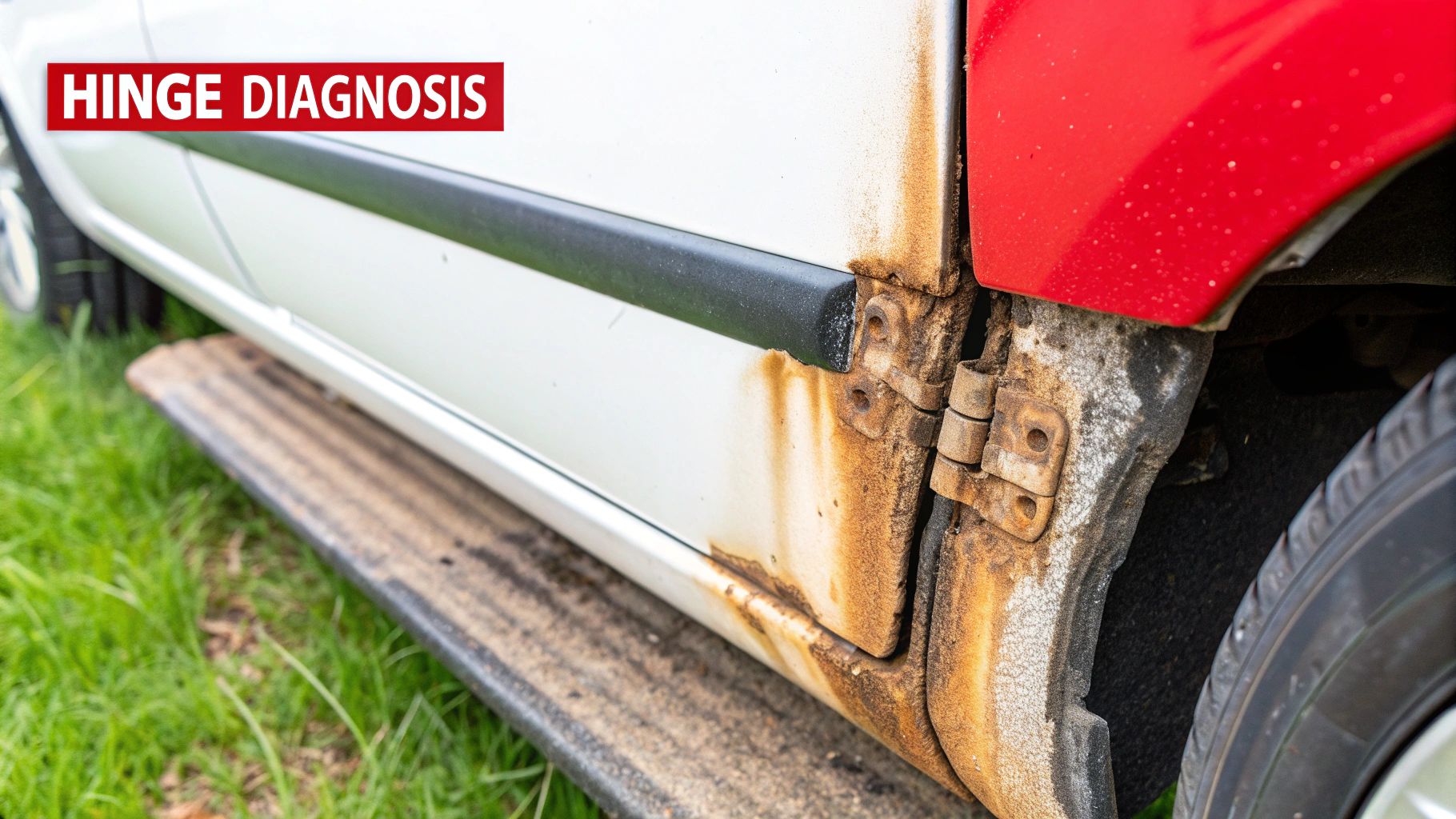 A mechanic checking the alignment and play in a car door hinge to diagnose the problem.