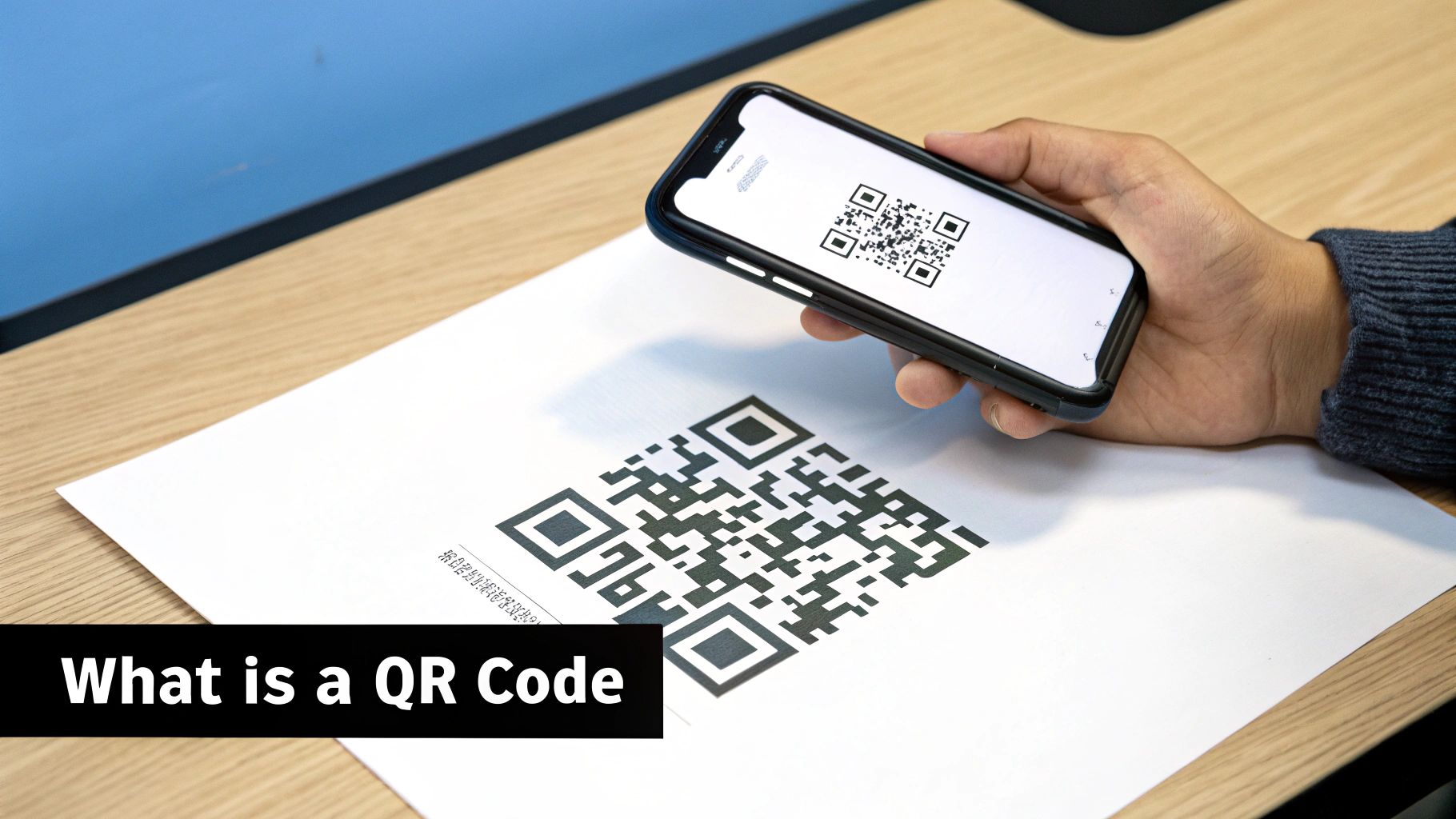 A black and white QR code on a yellow background, partially covered by a hand holding a smartphone to scan it.