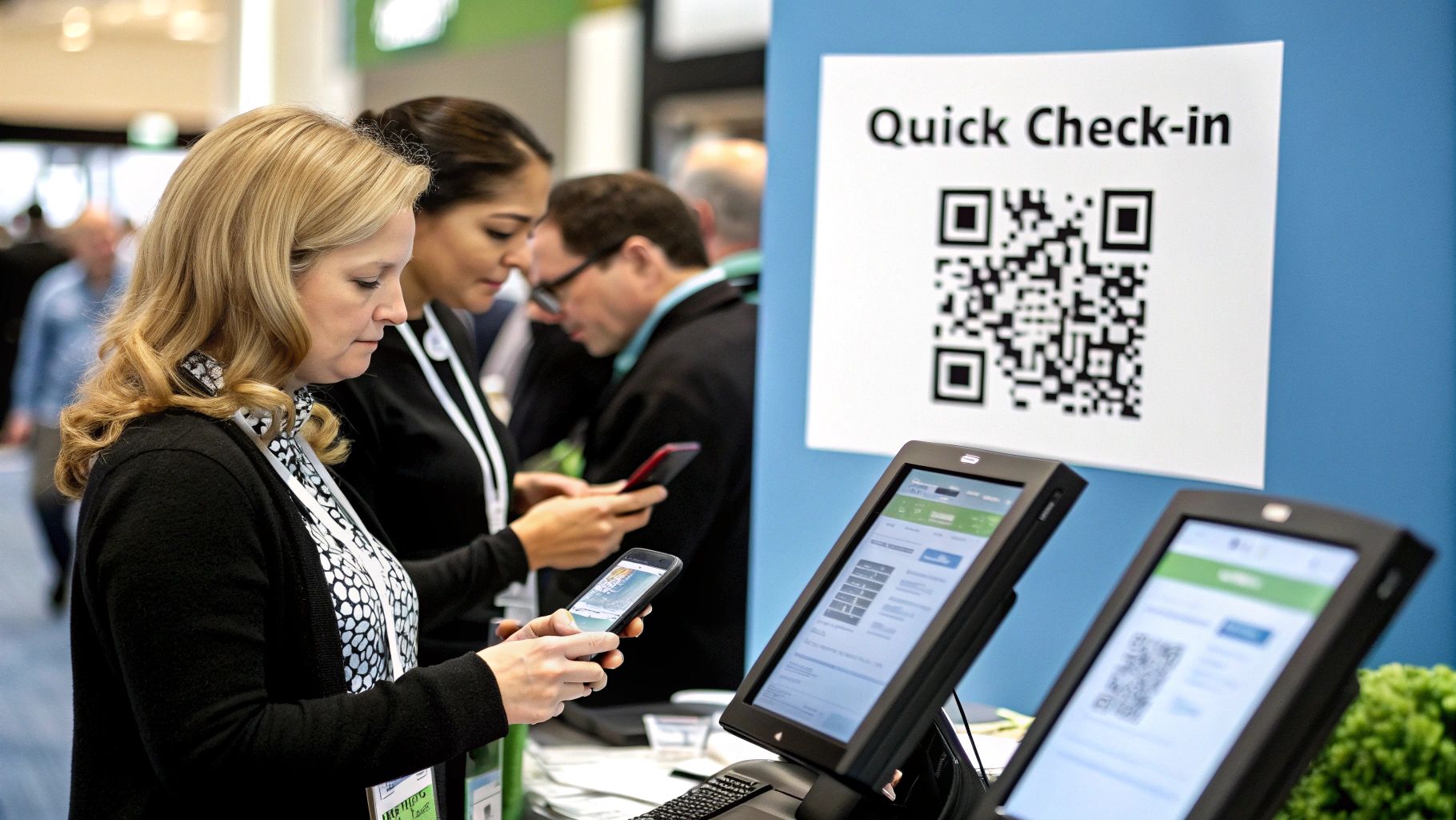 An event attendee holding up their phone with a QR code, ready for check-in.
