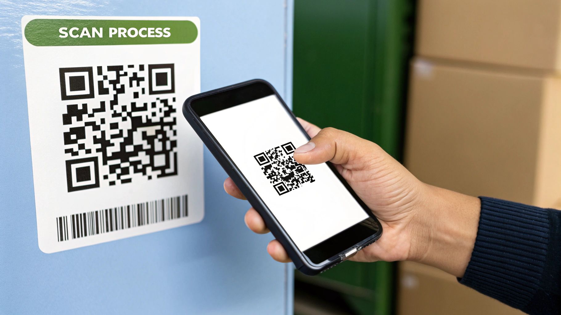 A smartphone camera lens focused on a QR code, showing the intricate details of the pixels.