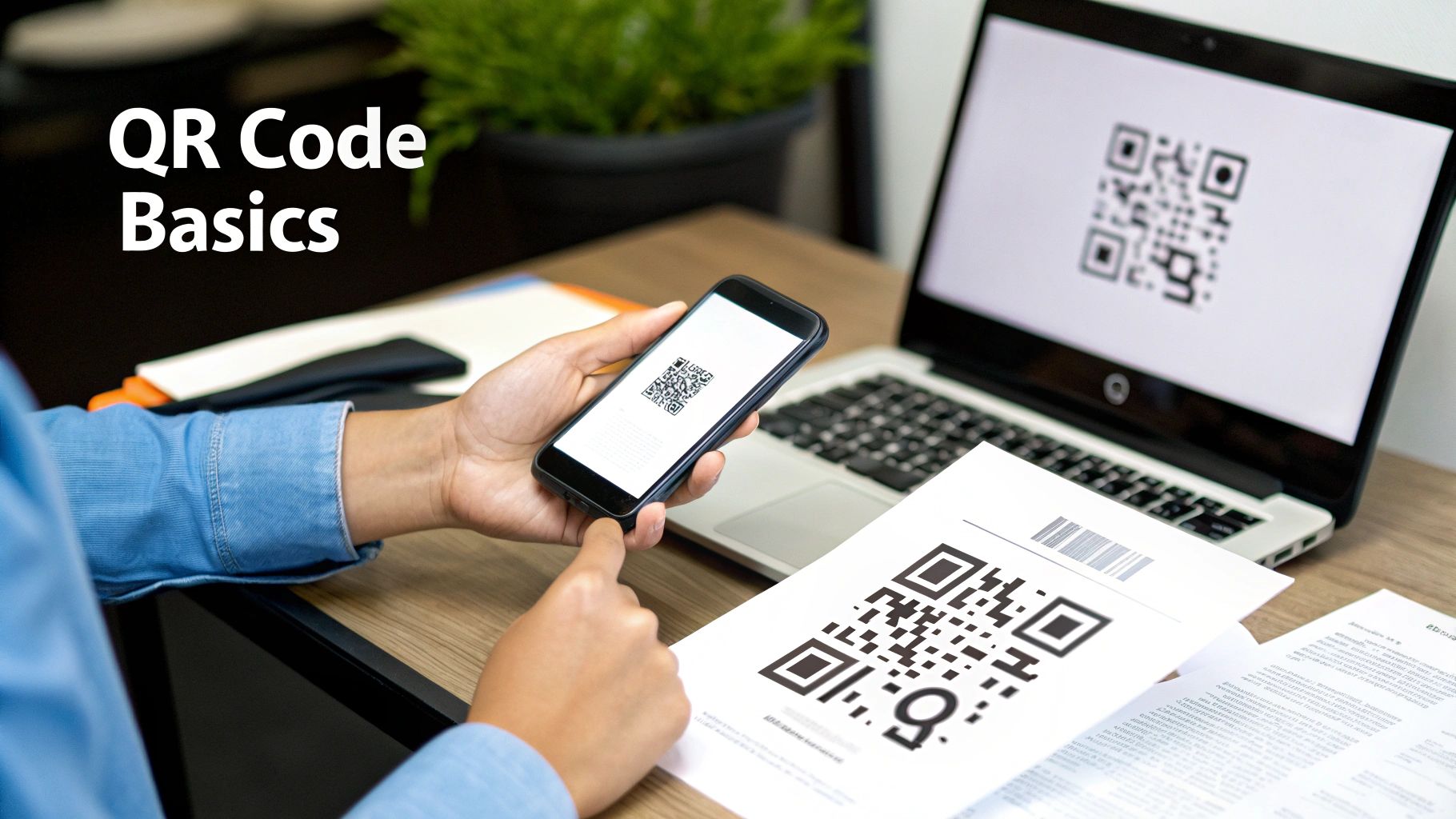 A person scanning a QR code with their smartphone in a modern setting.