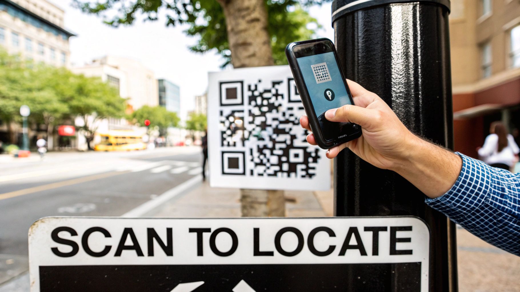 A smartphone scanning a QR code with a map pin icon, symbolizing a location QR code