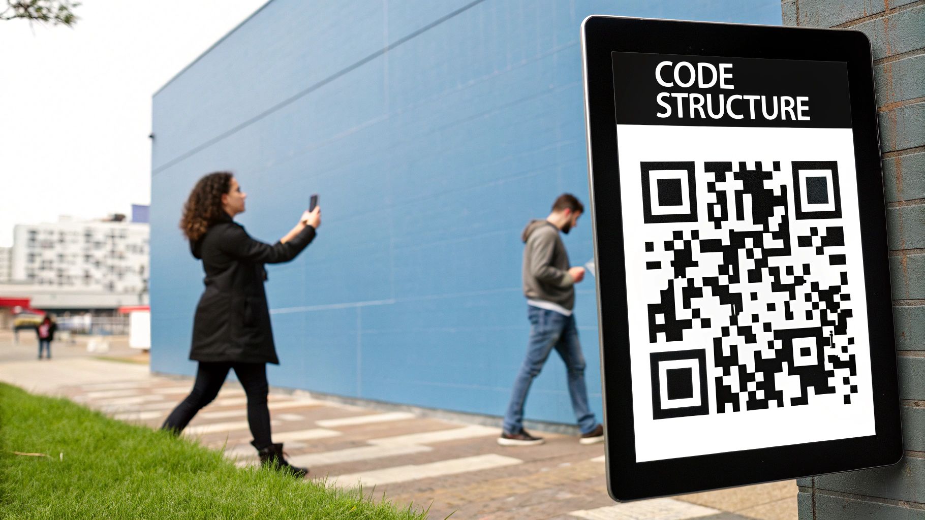 A person's hand holding a business card with a QR code, showing the transformation of information into a scannable pattern.