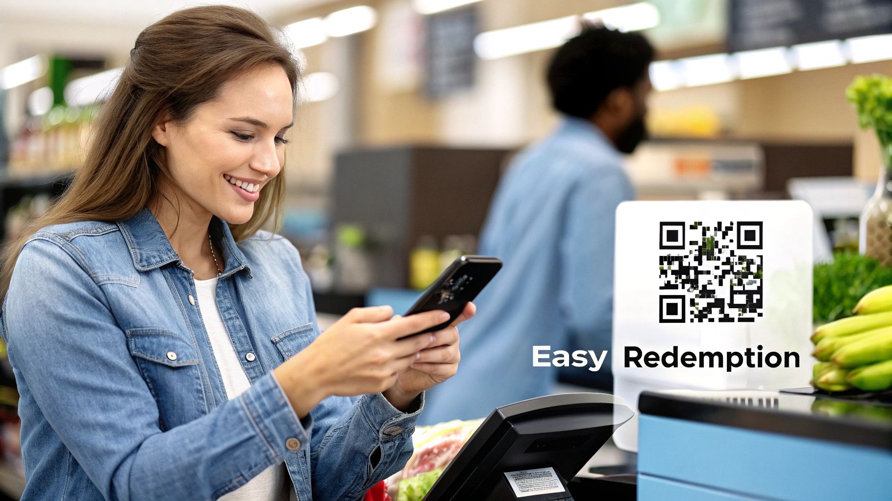 A collage of different distribution channels for QR code coupons, including social media, email, and in-store signage.