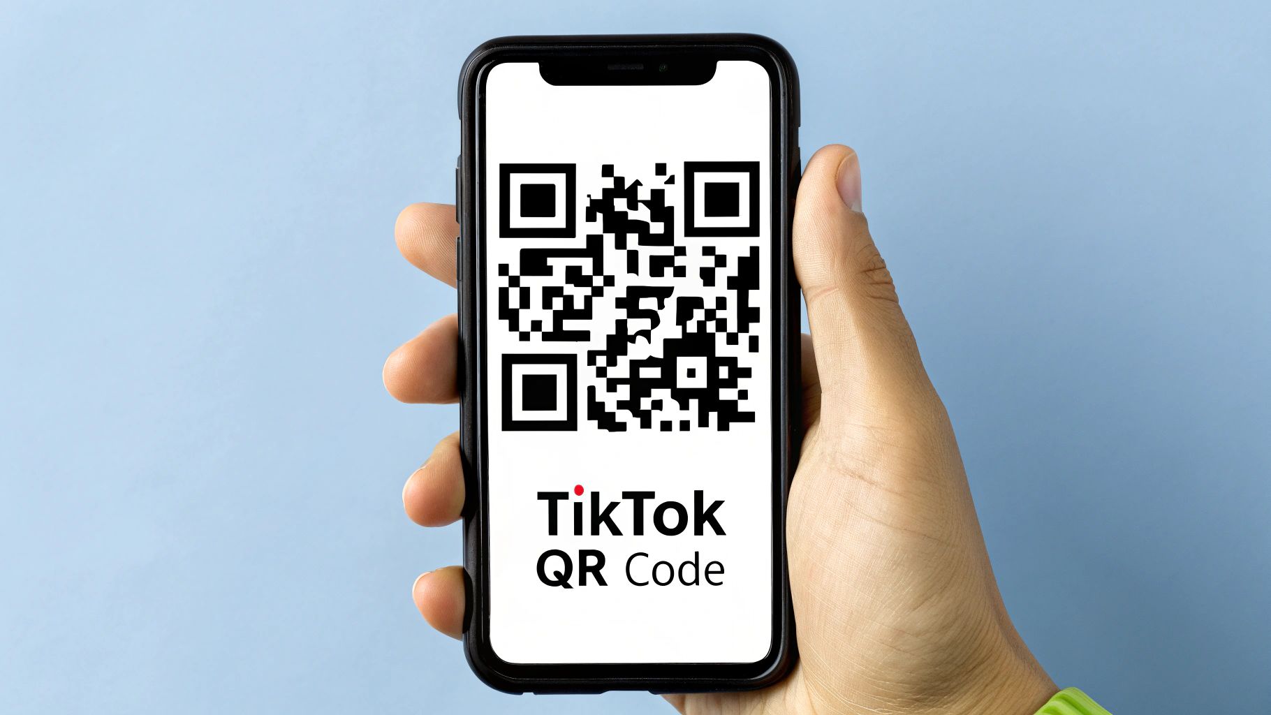 A person's hand holding a smartphone scanning a QR code for a TikTok account on a business card.