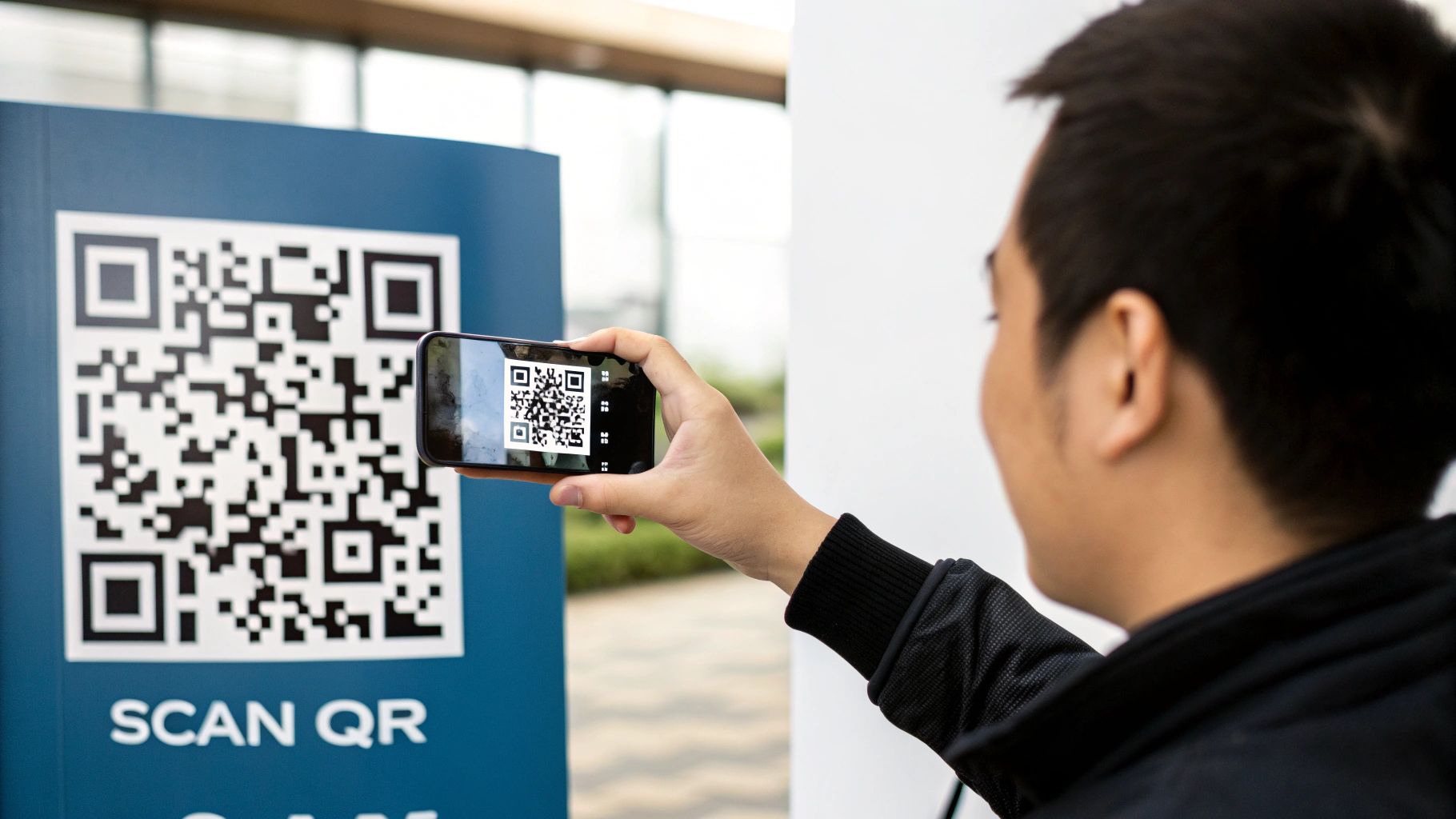 A person scanning a QR code from an image on their phone screen.