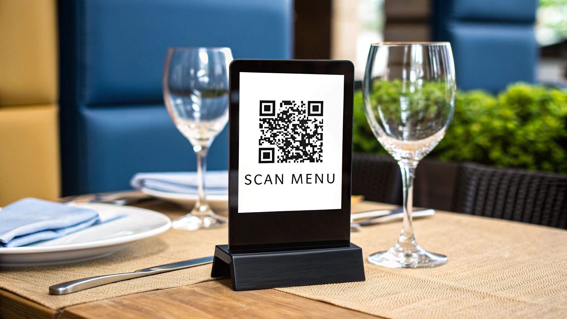 A person scanning a QR code menu at a restaurant table with their smartphone.