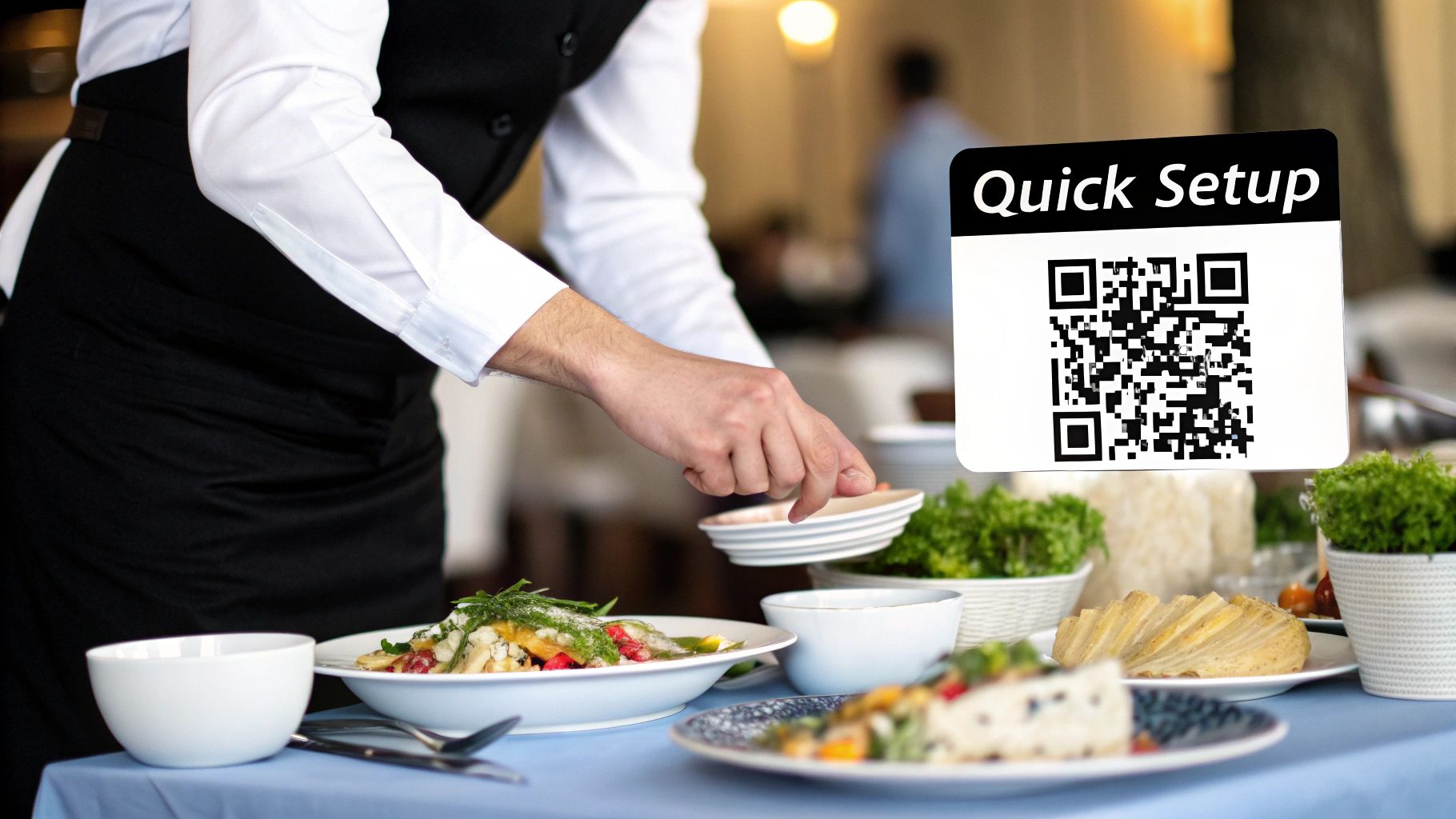 A collage showing QR code menus used in different restaurant settings: a cafe, a casual diner, and a fine dining establishment.