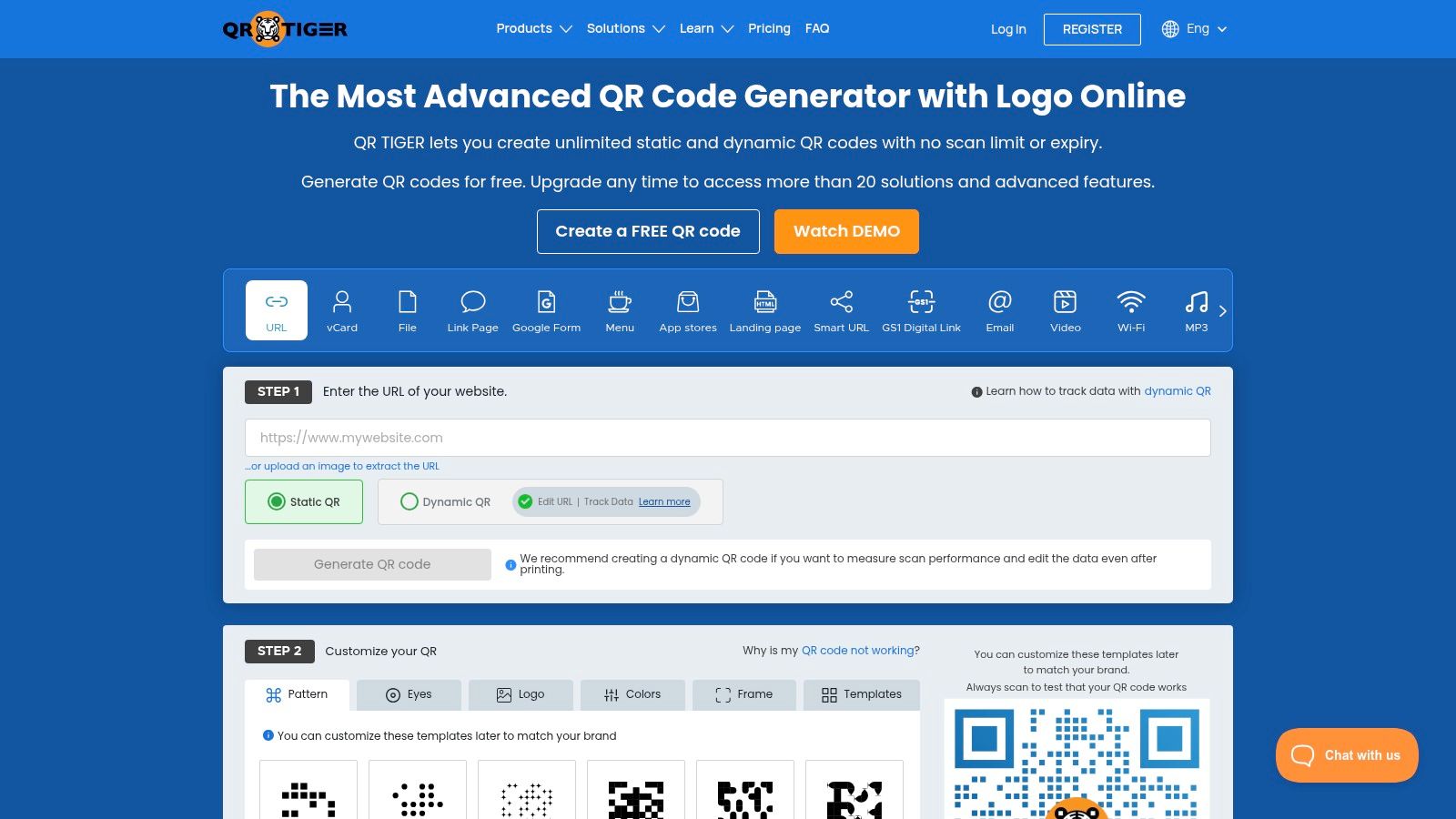 QR Tiger platform interface for creating QR codes
