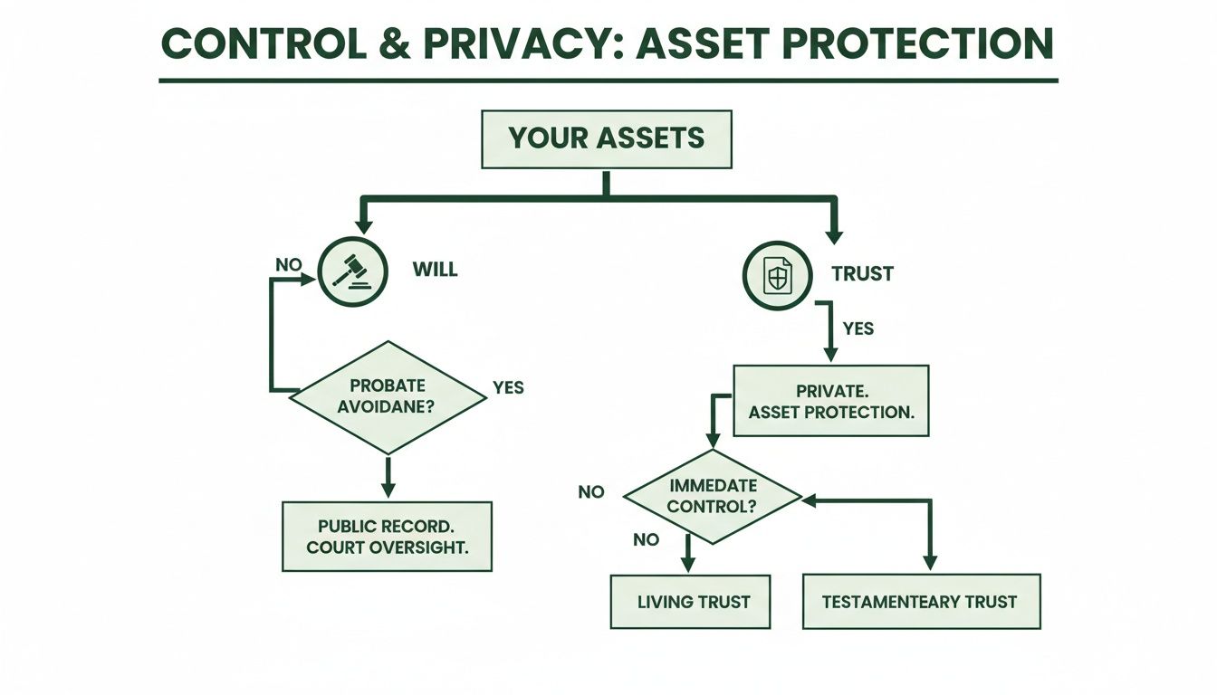 Flowchart comparing wills and trusts for asset protection, highlighting probate, privacy, and control.