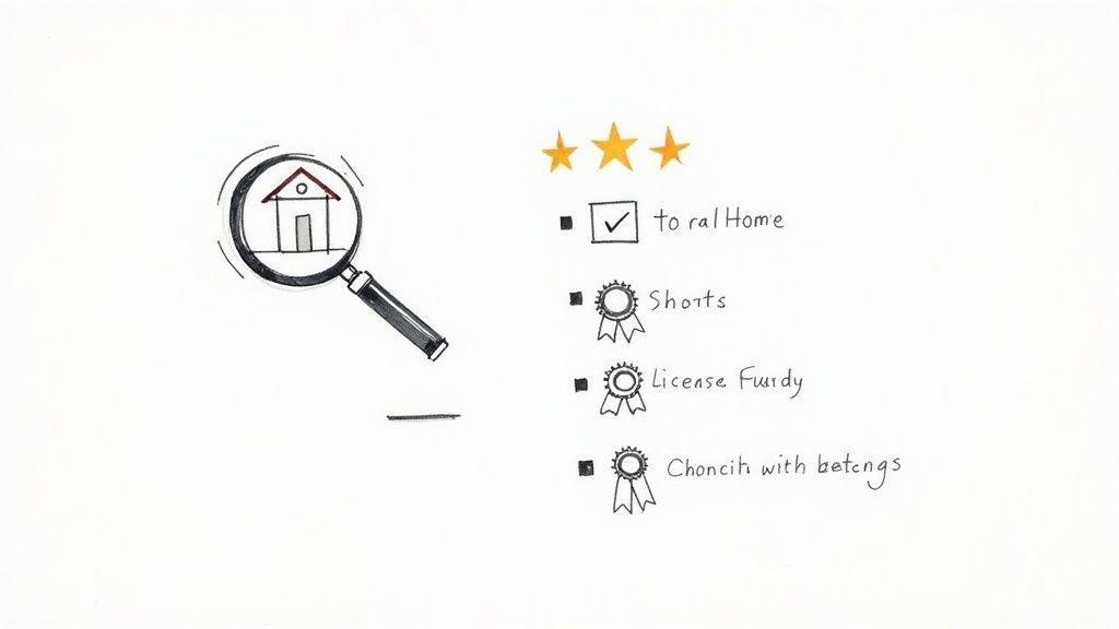 Hand-drawn graphic of a magnifying glass on a house icon, next to a checklist with ratings.