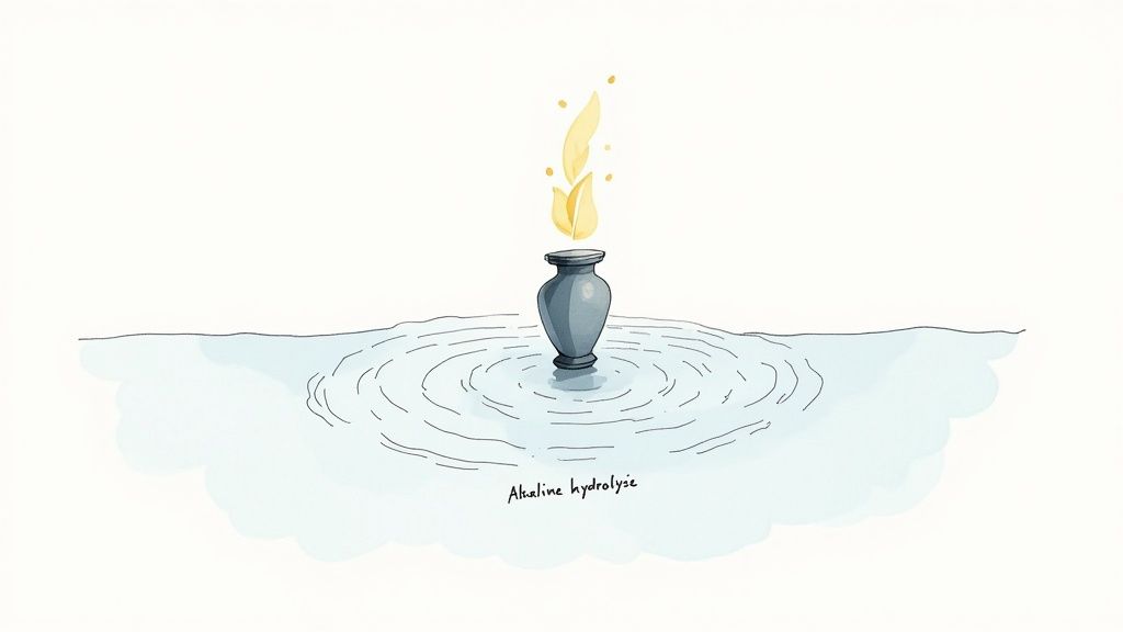 A calm, natural water scene with gentle ripples, symbolizing the water cremation process.