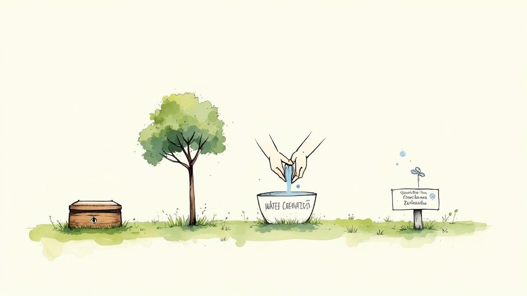 Understanding Funeral Home Services in Texas Watercolor illustration depicting various funeral options, including burial, aquamation, and a memorial plant.