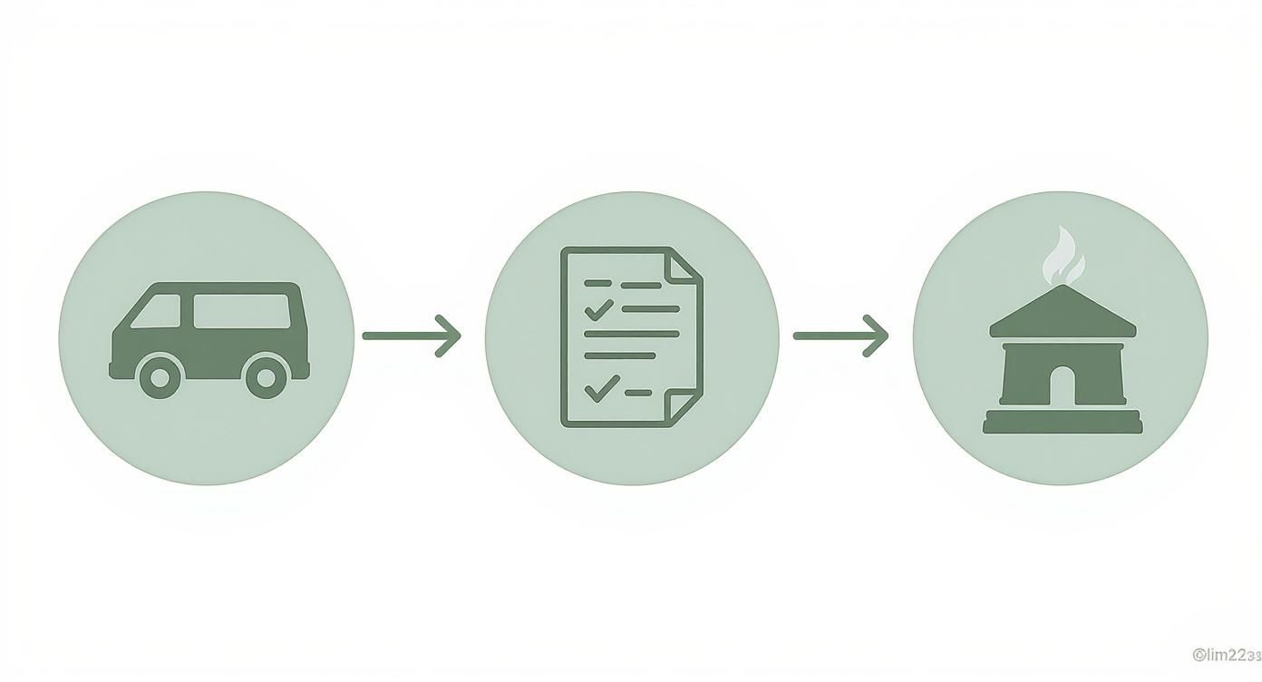 Finding Affordable Cremation Services in Texas Infographic showing the three core steps of the cremation process: Transfer with a van icon, Paperwork with a document icon, and Cremation with a building icon.