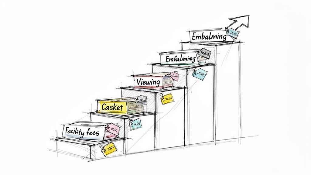 A stepped bar chart illustrating the rising costs of funeral services, including facility fees, casket, viewing, and embalming.