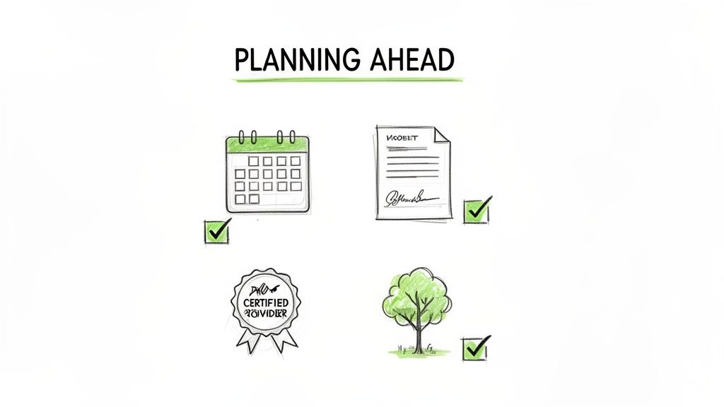 Hand-drawn illustration depicting planning ahead with a calendar, document, certified badge, and a tree, all with green checkmarks.