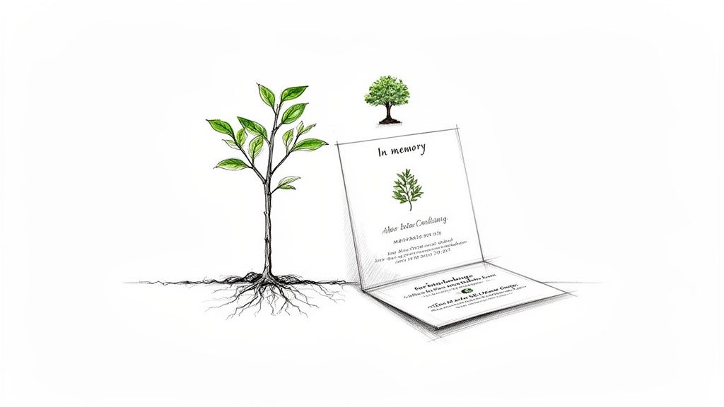 8 Thoughtful Examples of Funeral Thank You Card Wording A sketch of a growing tree with exposed roots next to an open 'In memory' memorial card.