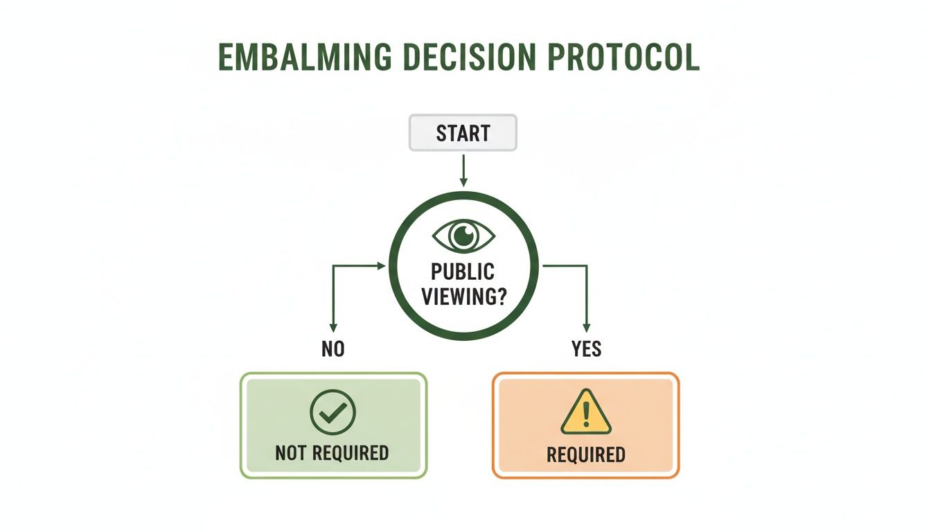 A flowchart detailing embalming decisions based on public viewing, indicating when it's required or not.