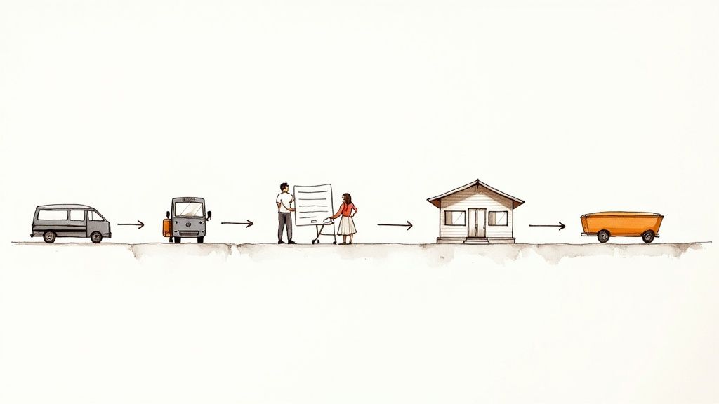 Illustrated process flow showing van, moving truck, people planning, house, and boat trailer sequence