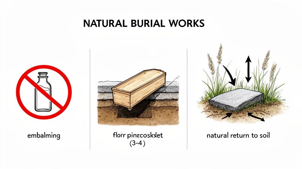 Illustration detailing natural burial practices: no embalming, simple coffin burial, and natural return to soil.