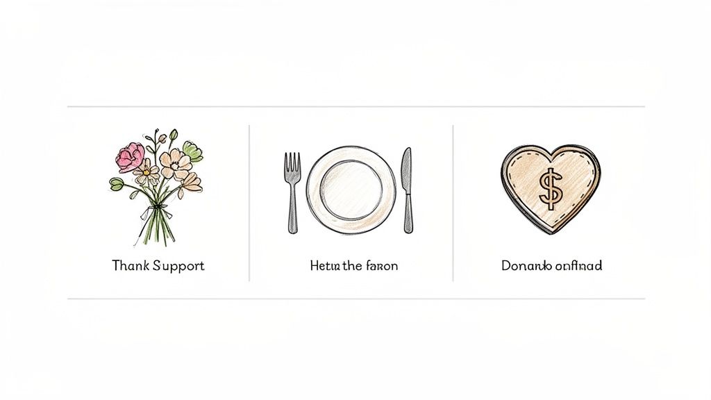 8 Thoughtful Examples of Funeral Thank You Card Wording Three hand-drawn icons illustrating support: flowers, a dinner plate, and a dollar sign heart.