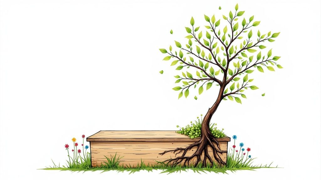 A serene woodland burial site with simple, natural grave markers and lush greenery.