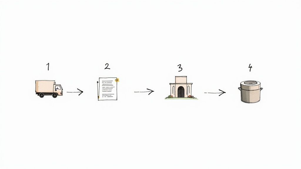 Understanding the Basic Cost of Cremation in Texas A simple drawing illustrates the four-step cremation process, from transport to an urn.