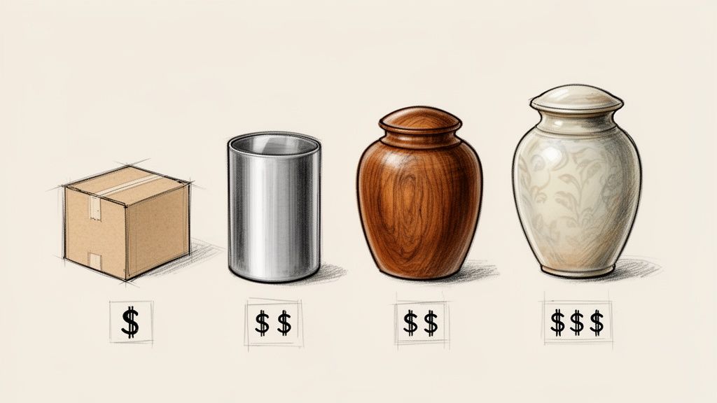 Four different containers for ashes: a cardboard box, a metal can, a wooden urn, and a decorative ceramic urn, each with price indicators.