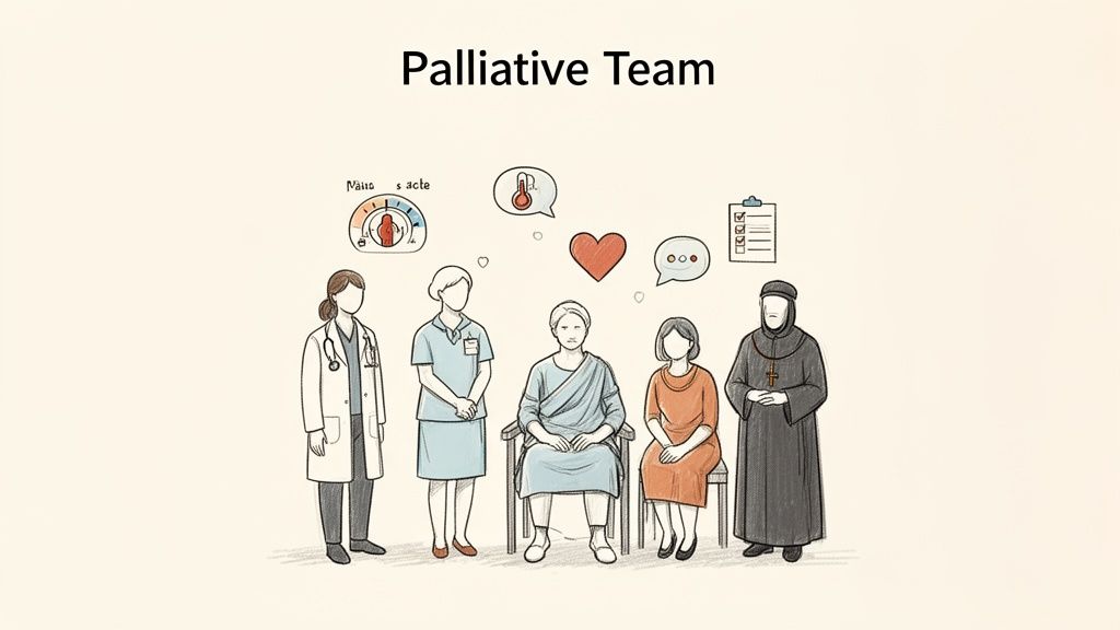 Illustration of a palliative care team with medical staff, patient, family, and spiritual support.
