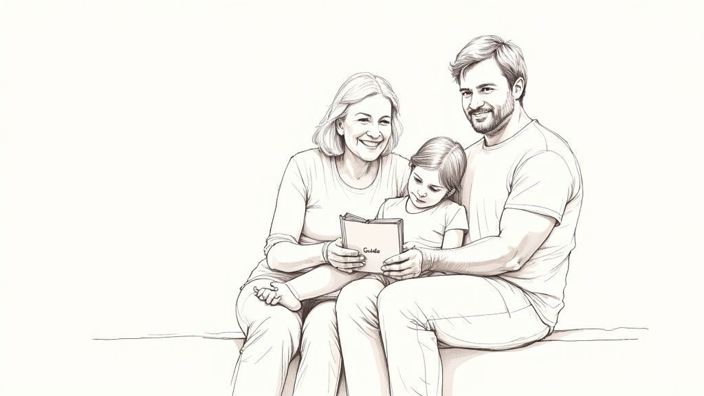 A heartwarming sketch of a smiling family, a man, woman, and child, reading a book.