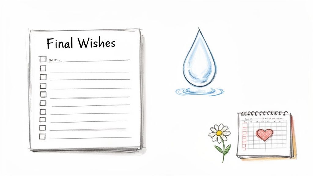 A sketch of a 'Final Wishes' checklist, a water droplet, a daisy flower, and a calendar with a heart, symbolizing end-of-life care and planning.