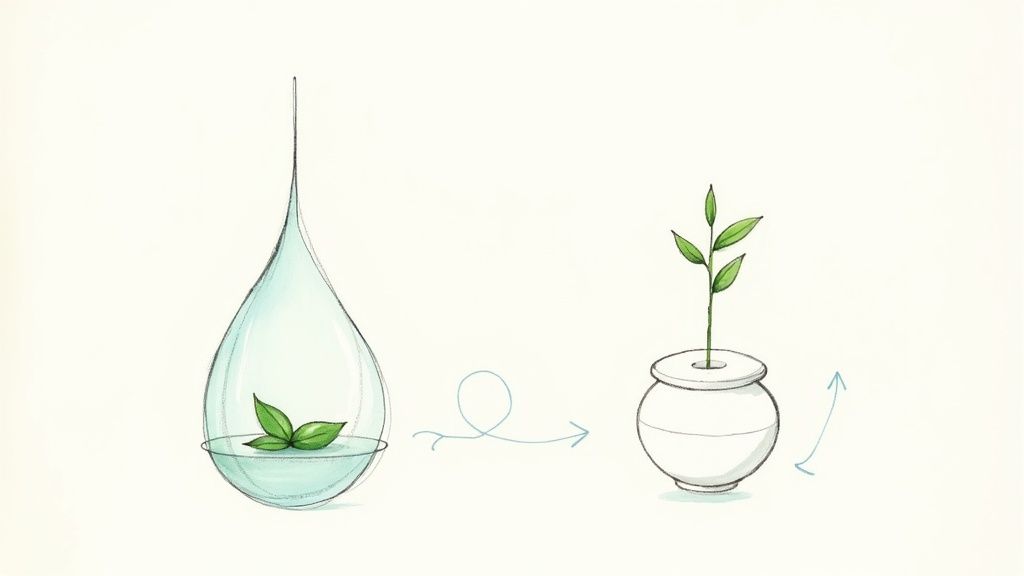 Illustration showing plant seedling transformation from water droplet to potted growth representing life cycle